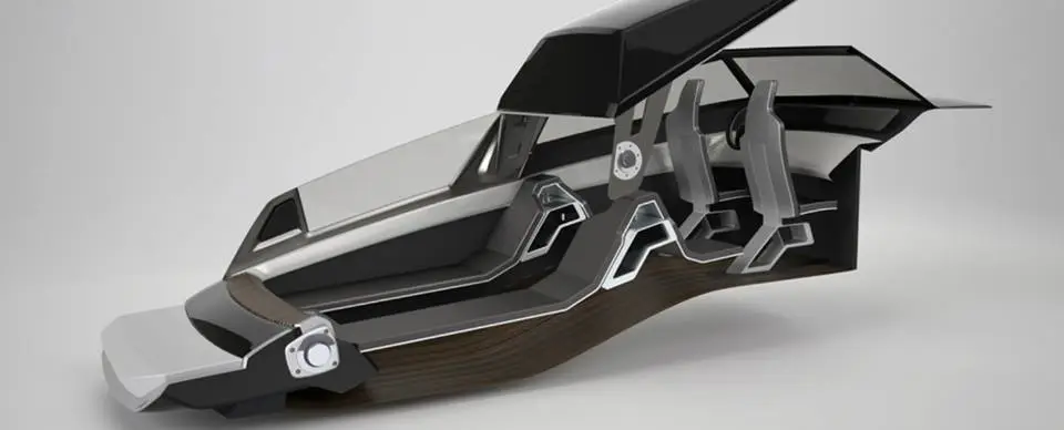 The front roof rotates back, resting on top of the rear deck