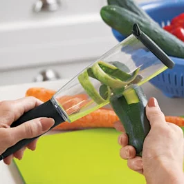 The Veggie-Peel traps and stores messy peel for easy disposal