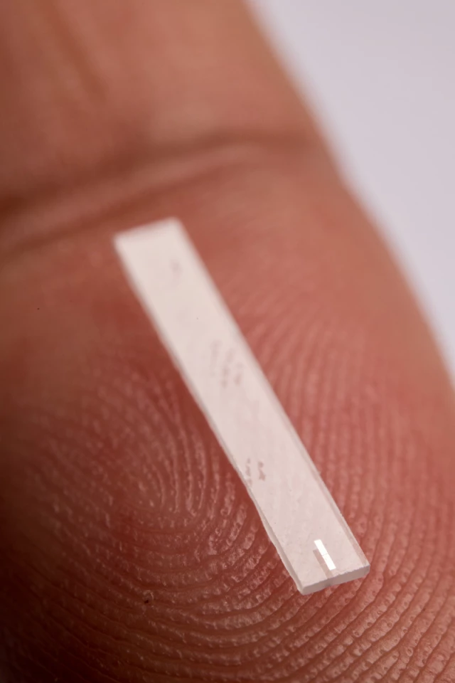 A qubit, seen as the tiny white rectangle at one end of the larger substrate, would act as a detector for dark matter signals in a new experiment