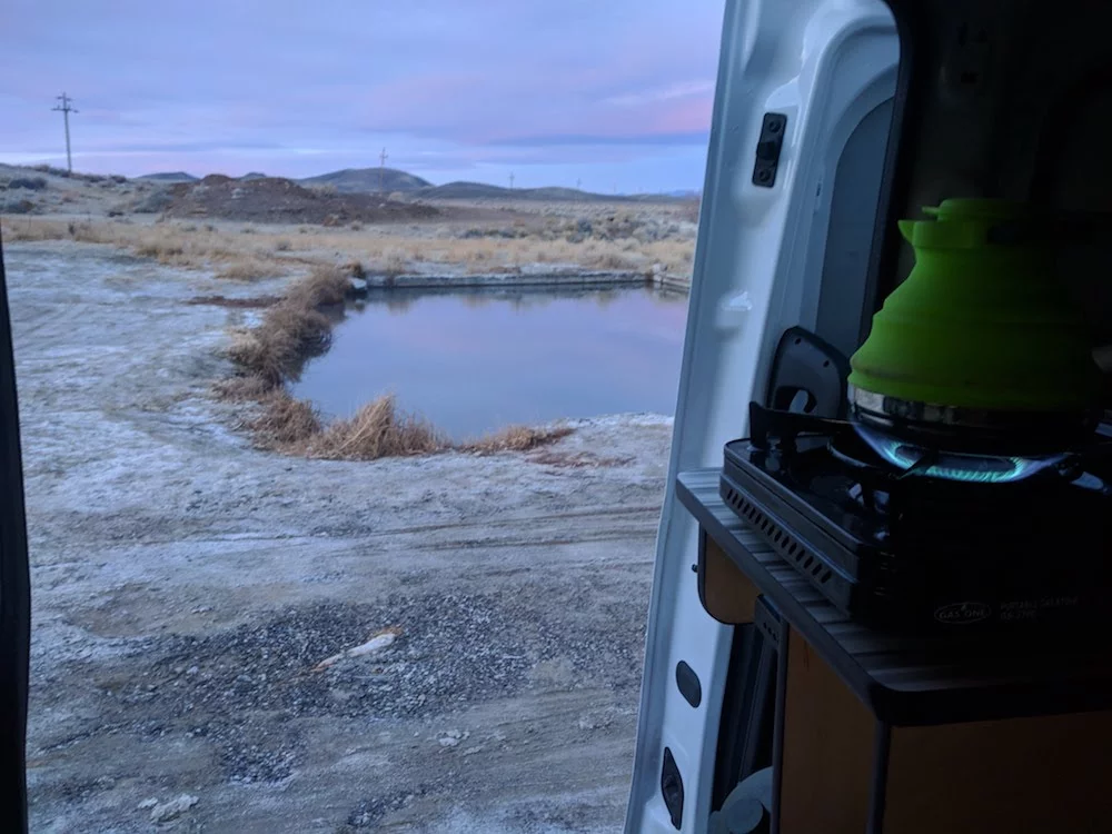 Firing up the single-burner butane stove