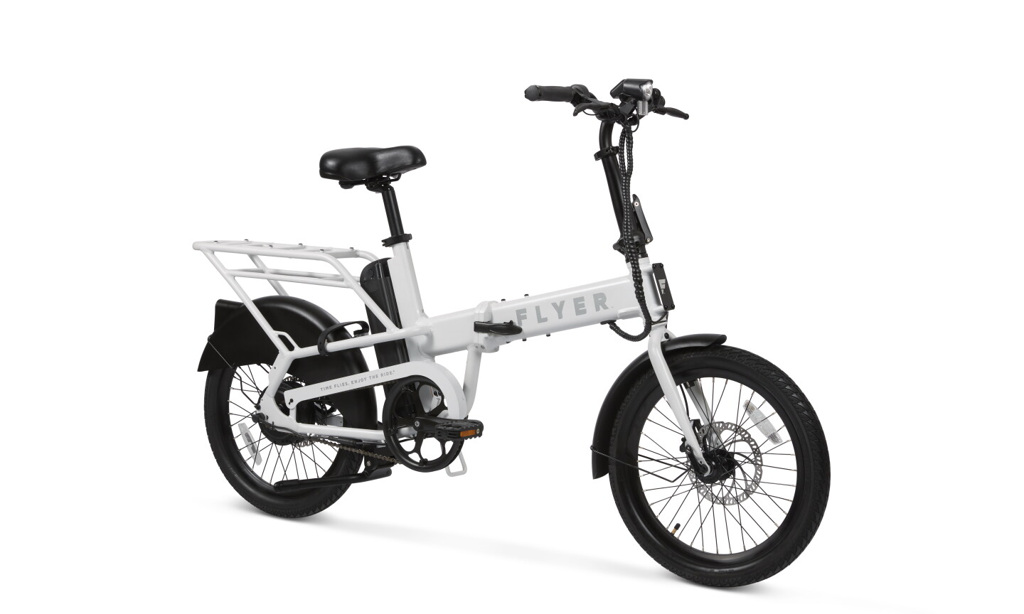 The Flyer Folding Cargo offers five levels of pedal-assist from the 350-W hub motor, and up to 40 miles of per-charge riding from the removable battery housed behind the seatpost