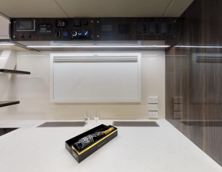 Kitchen counter and command center above