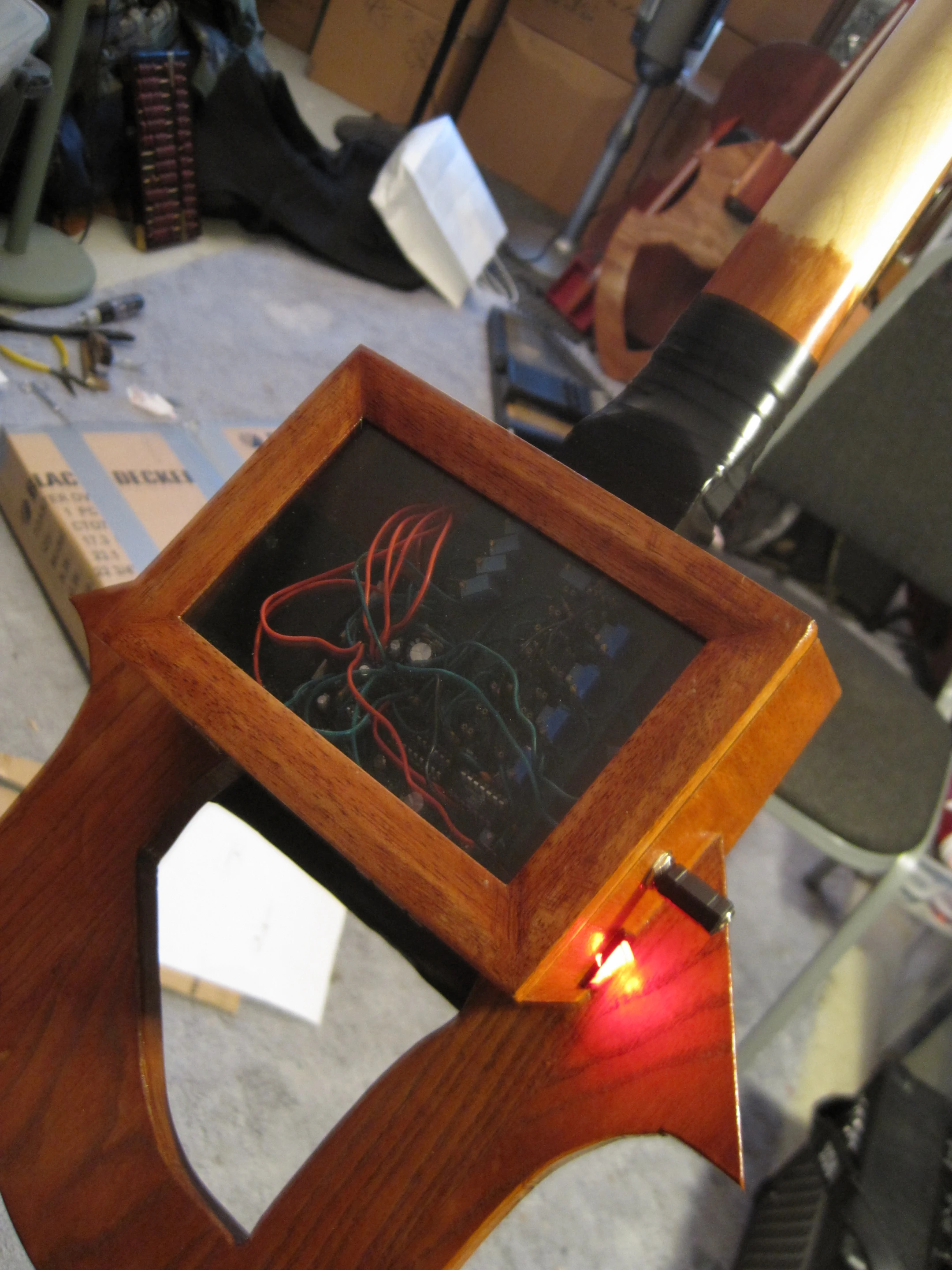 The rear of the early prototype, with transparent box to view the circuitry