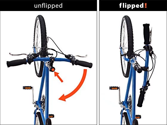The flipphandle is a bicycle handlebar stem that lets riders turn their handlebars sideways, so the bike can be more easily stored