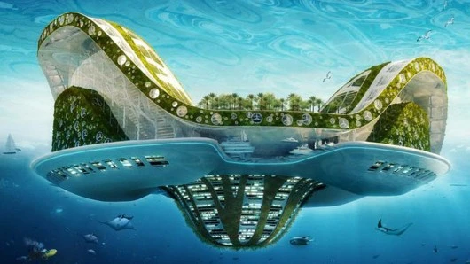 The floating city would also include the full complement of renewable energy technologies, including solar, thermal, wind, tidal, and biomass to produce more energy than it consumes.