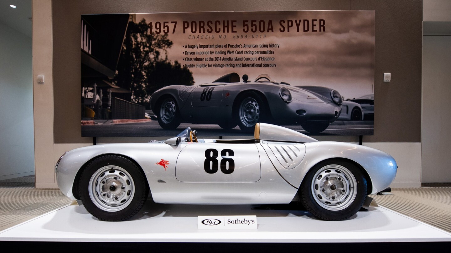 2018 Monterey Car Week Auction Report | 1957 Porsche 550A Spyder | Sold For $4,900,000 | Estimate: from $4,600,000 to $5,000,000 | Auction: RM-Sothebys | Lot 230 | Official Description
