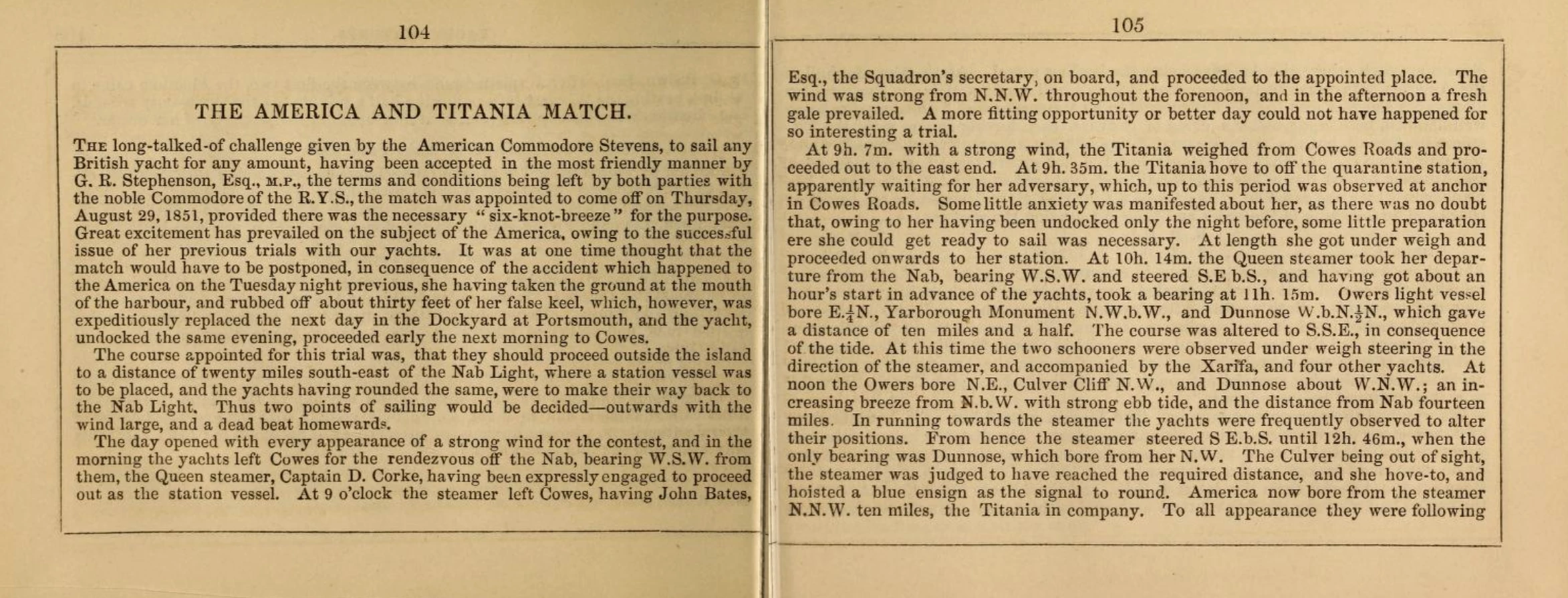 An account of the America vs Titania race from Hunt's Yachting Magazine, 1851