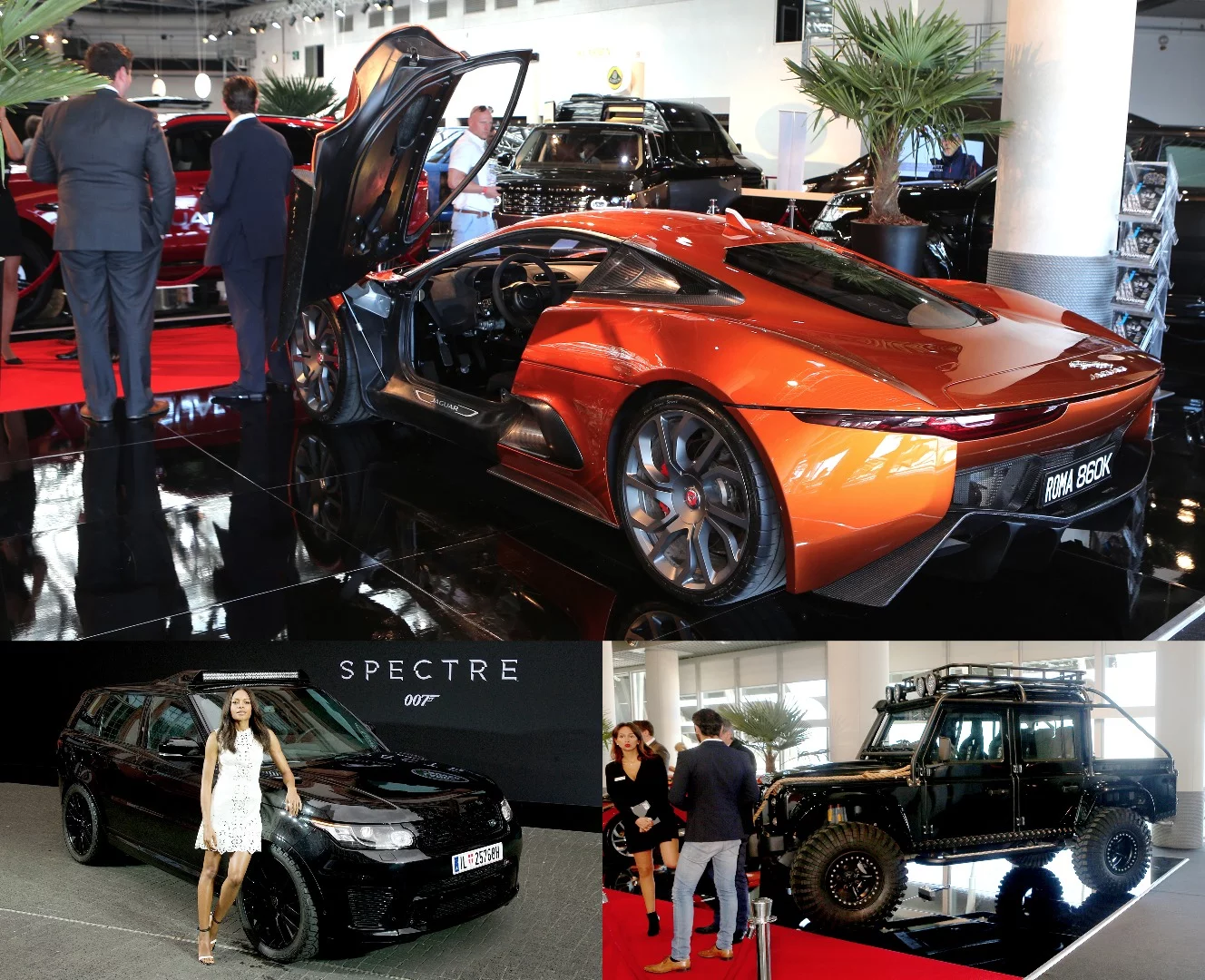 The remaining three Bond cars also featured in Spectre, being the Jaguar C-X75 (top) which Spectre’s villain Hinx drove in a chase with Bond through the streets of Rome. Created by Jaguar Land Rover's Special Vehicle Operations division, the C-X75 produces 850bhp with a top speed of 200mph. Also on the Jaguar-Land Rover stand were the Range Rover Sport SVR (bottom left) and Land Rover "Big foot "Defender (bottom right) which also featured in Spectre.