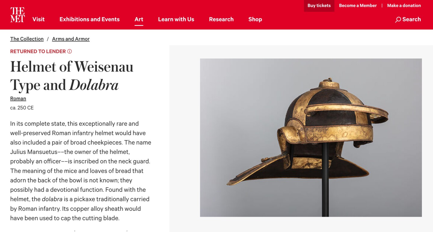 The 1900-year-old Roman Iron, Brass and Copper Guttman Mouse Helmet spent four years on display at the Metropolitan Museum of Art (2018-2022) in New York.