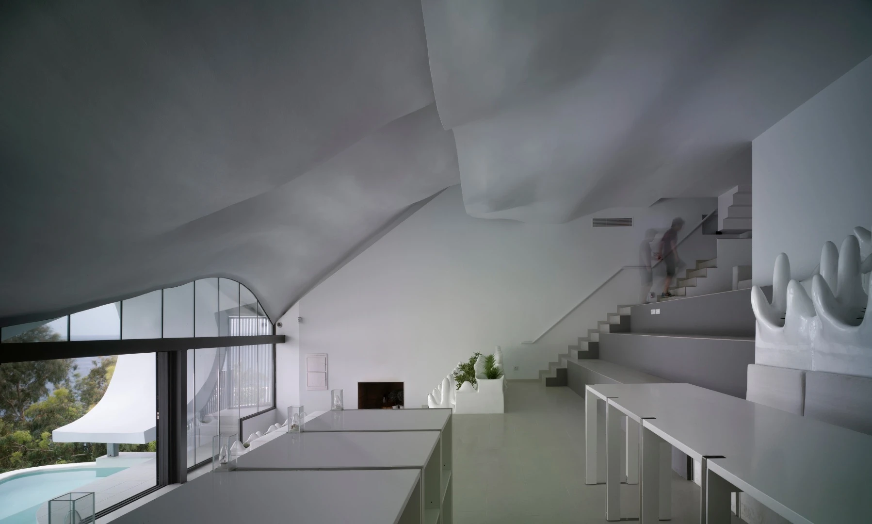 The unique furniture was made on-site using fiberglass and polyester resin