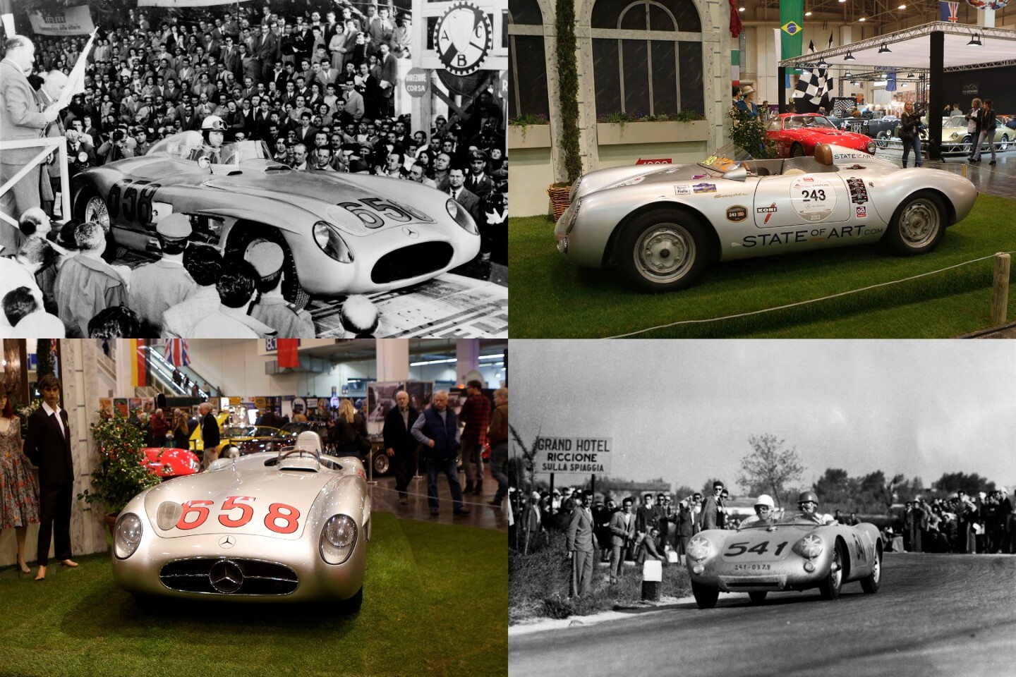 Two of the cars which competed in the 1955 Mille Miglia, then and now. A Mercedes 300 SLR which needs no introduction, and a Porsche 550 Spyder, one of around 100 built with Wendler bodywork. The 550 had just 1500cc of boxer four engine, produced around 110 bhp weighs just 550 kg. Six of these left the start line in 1955 and three of them finished in the placings of their class, with one eighth outright.
