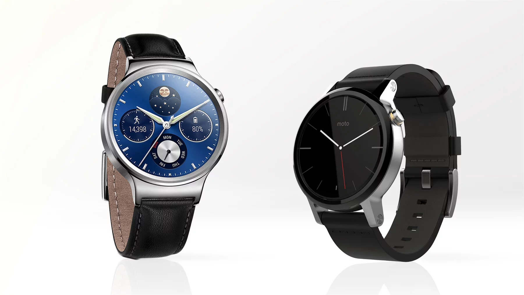 Gizmag compares the features and specs of the Huawei Watch (left) and 2nd-gen Moto 360