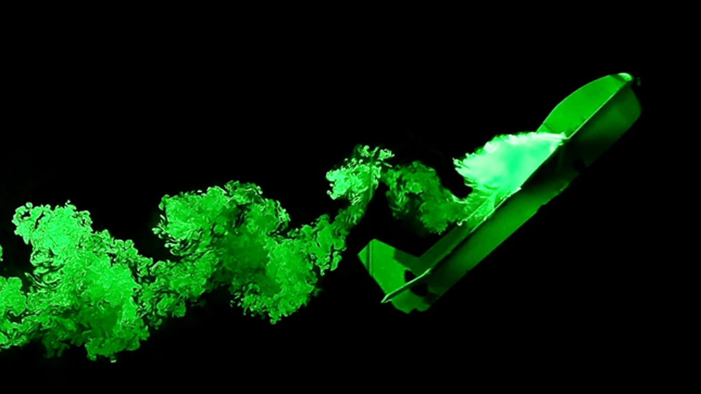 A smoke visualization still of the actual vortex wake behind our glider during a free-flight high angle of attack landing (Image: Jason Dorfman MIT/CSAIL)