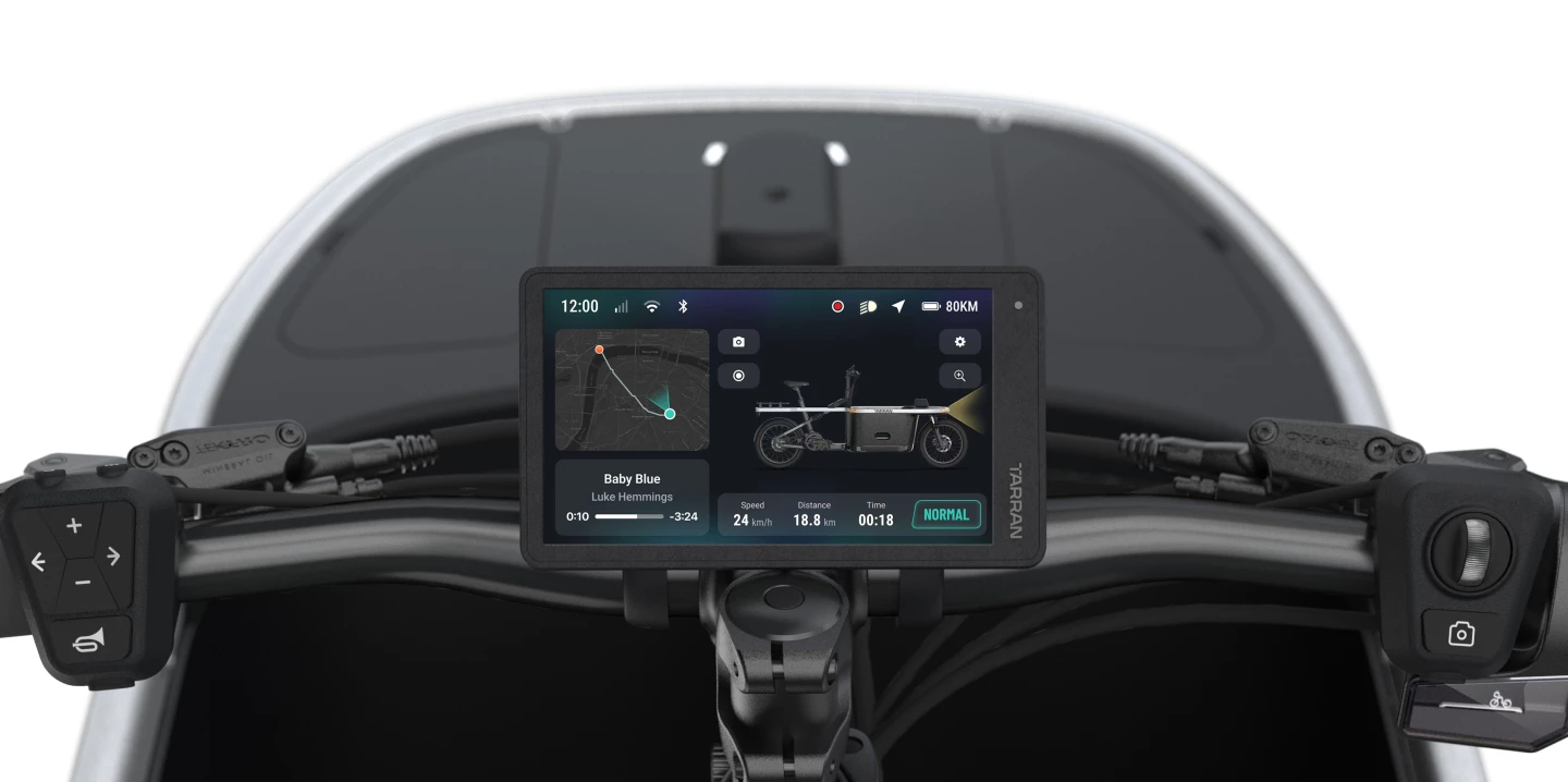 The color display is the brains of the operation, serving up ride data, navigation, live camera feeds
