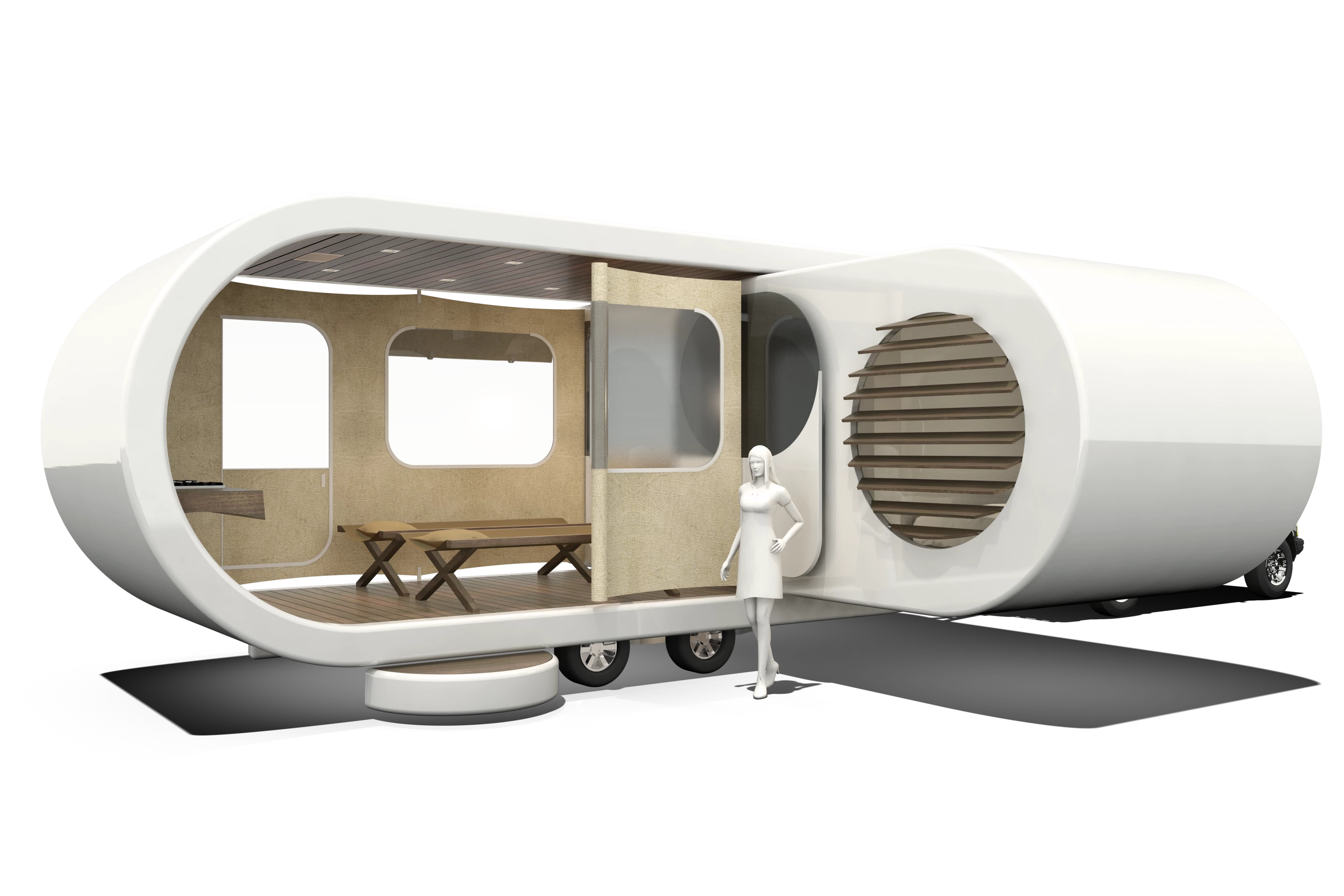 The Romotow fold-out caravan... Folded out and with a weather screen drawn over the deck.