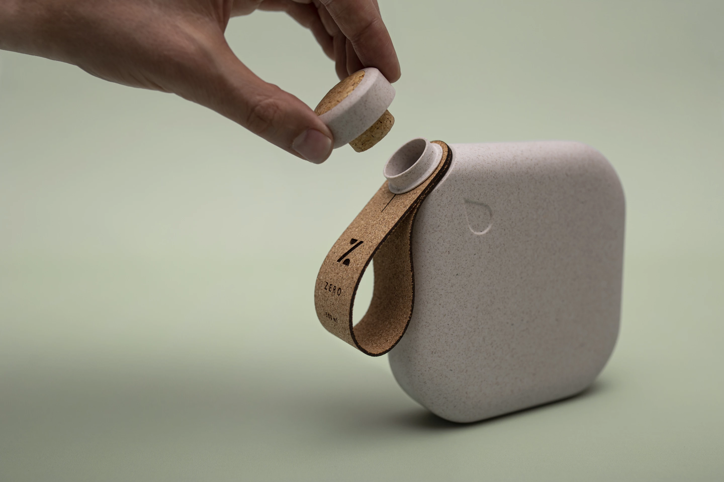 The design team also came up with a new travel water bottle solution, made from biodegradable and commercially compostable bio-plastic and cork