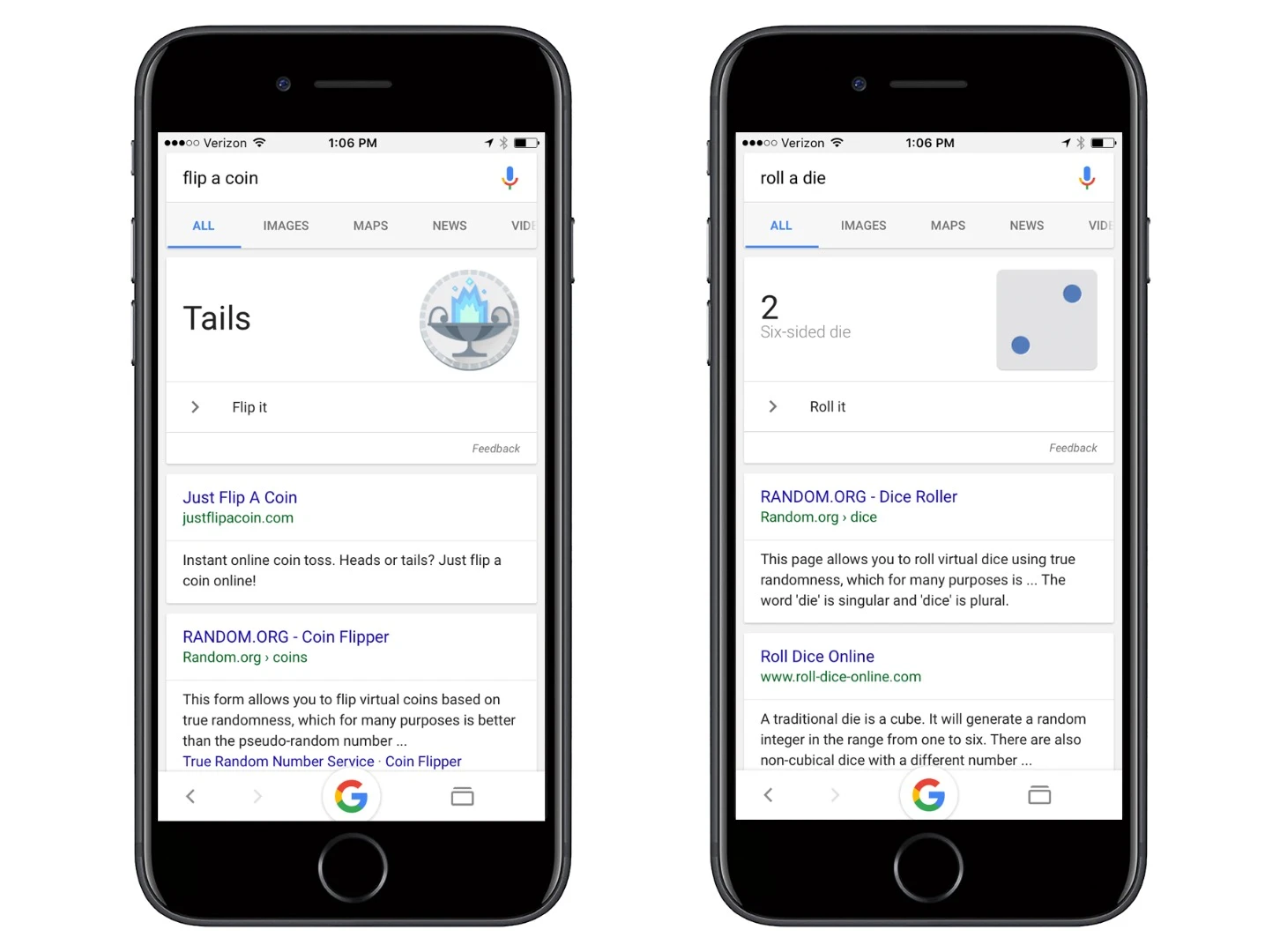 Google will flip a virtual coin or roll a digital die