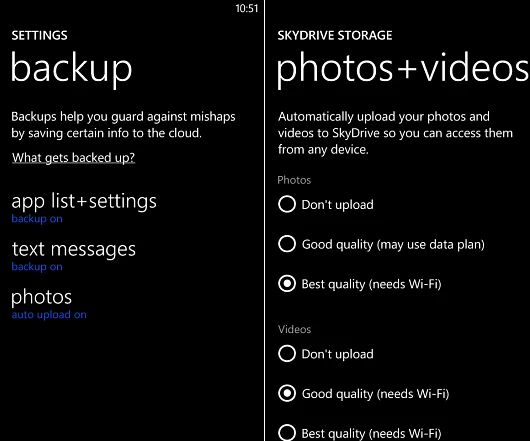 Windows Phone 8 can automatically back up your data to SkyDrive