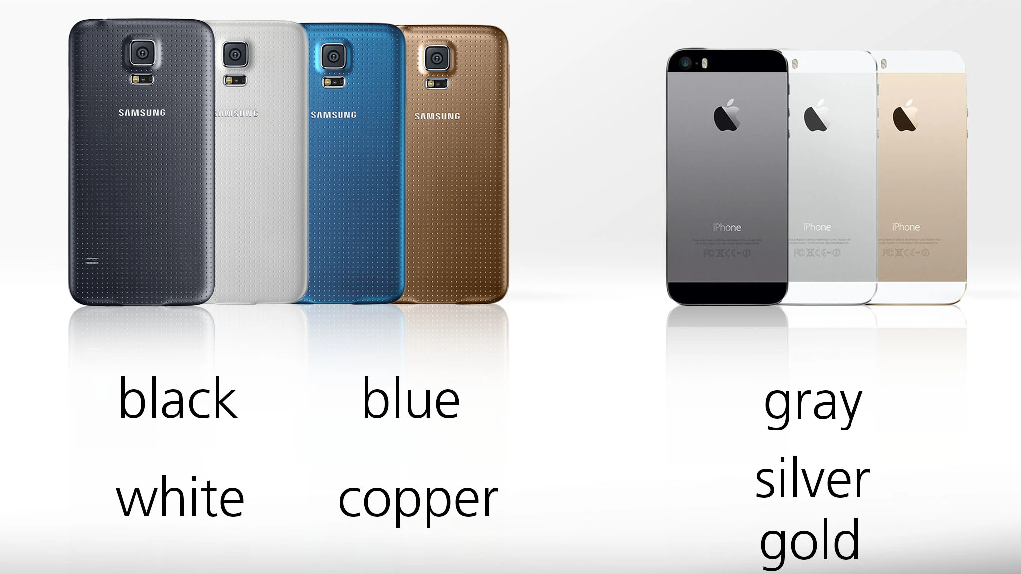 Four color options for the GS5, three for the iPhone