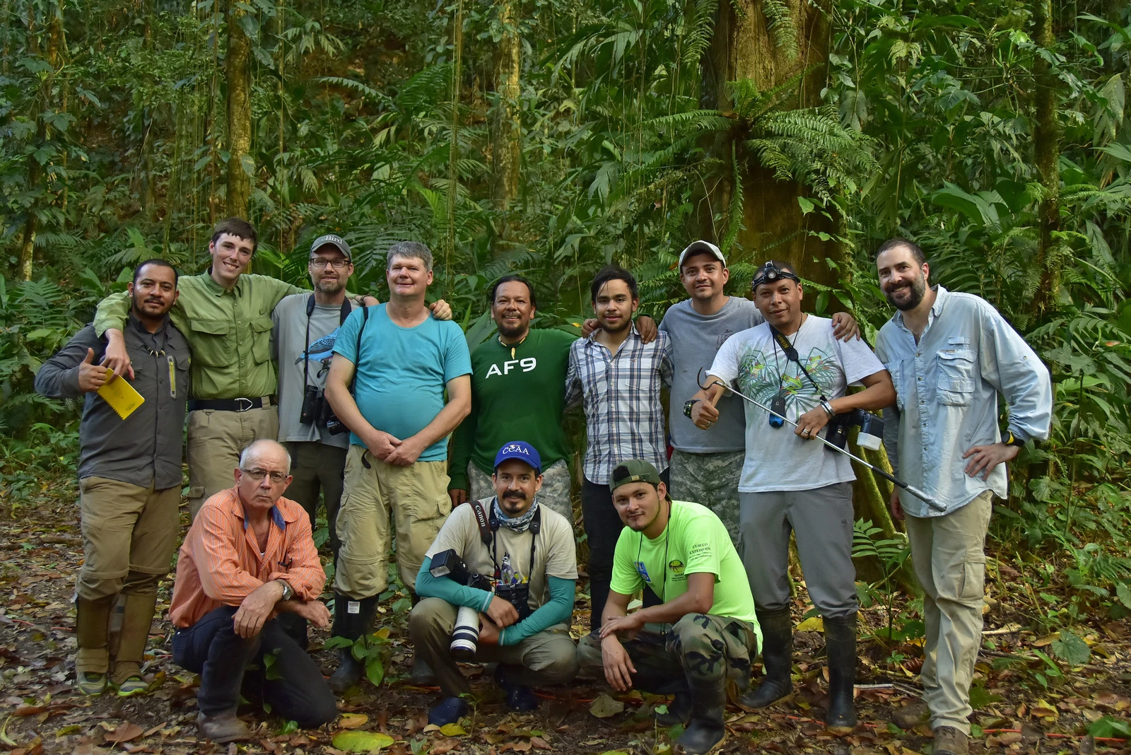 The expedition team. Left to right: (top) Onan Reyes, Travis King, John van Dort, Eric van den Berghe, Arnulfo Medina-Fitoria, Manfredo Turcios-Casco, Olvin Oyuela, Milton Salazar-Saavedra, Trond Larsen; (bottom) John Polisar, Carlos Funes, Josué Ramos (T. Larsen)