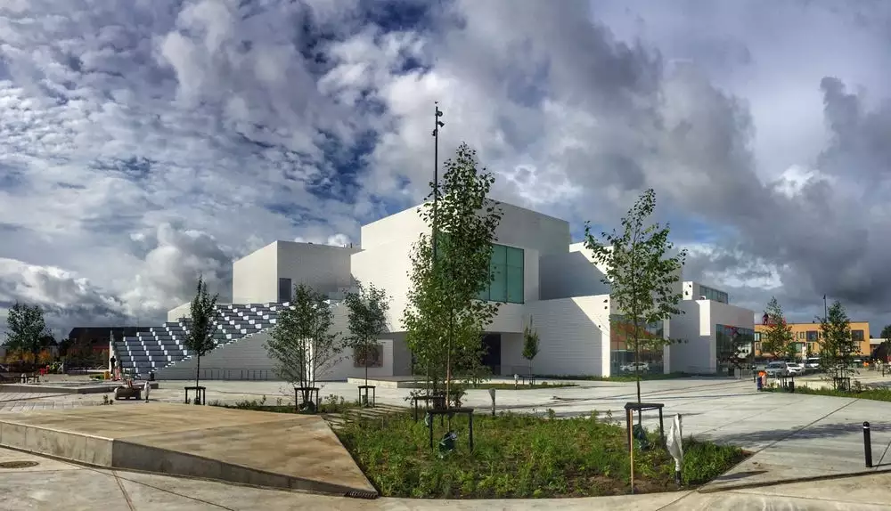 The Lego House rises to a height of 23 m (75 ft)