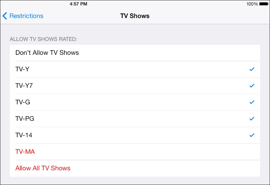 Block or allow TV, music, and movies with a specific rating