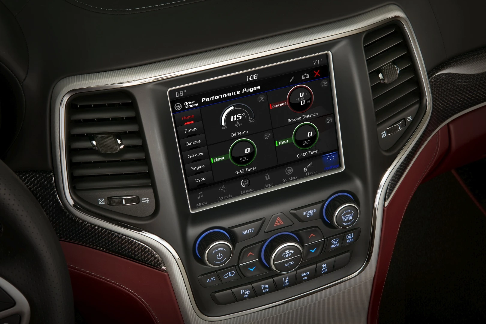 The 8.4-in Uconnect 4 infotainment system includes Trackhawk-specific "Performance Pages"