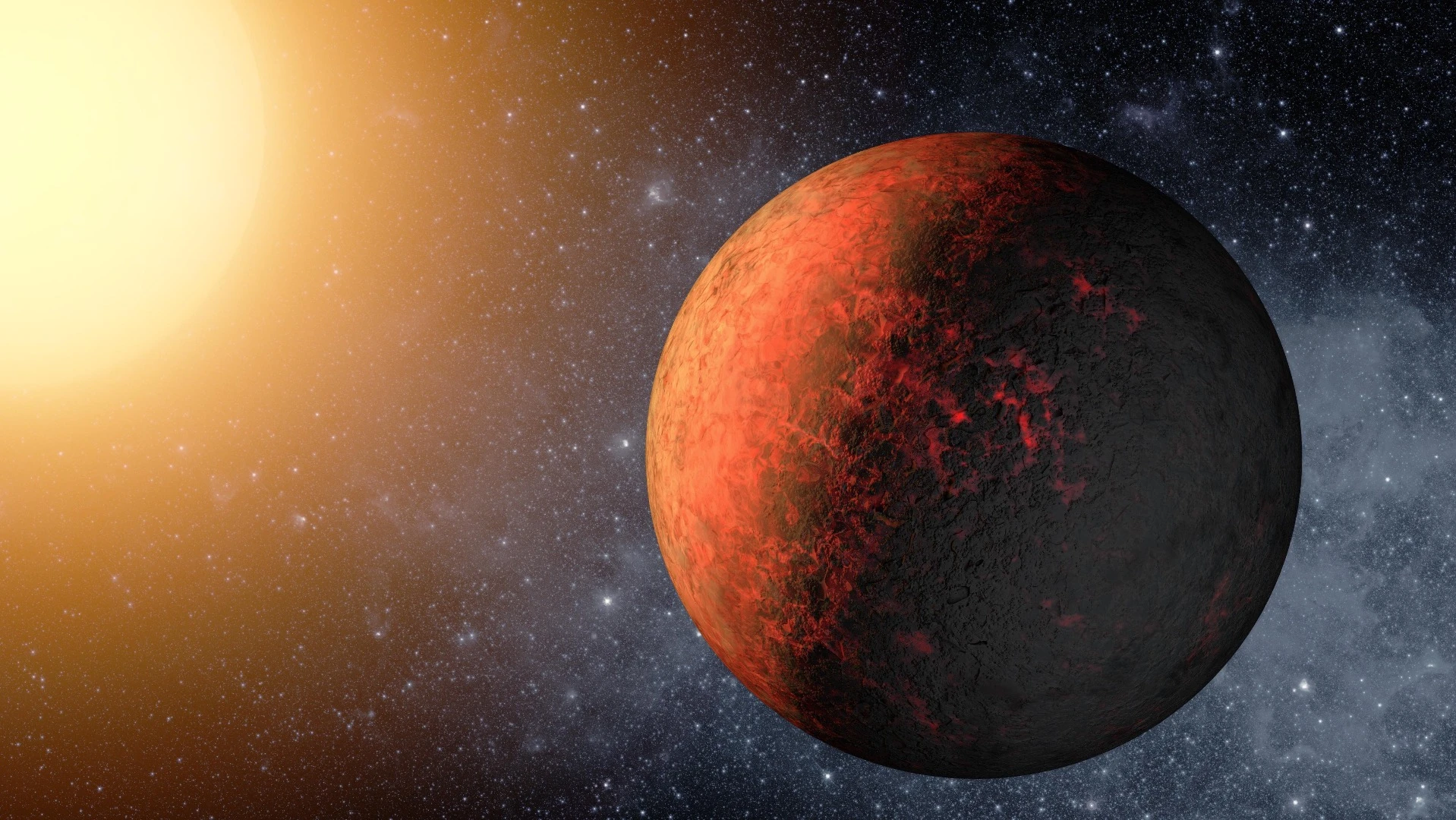 In this artistic depiction of the exoplanet Kepler-20e, the planet is represented with active volcanoes on both the night and day sides