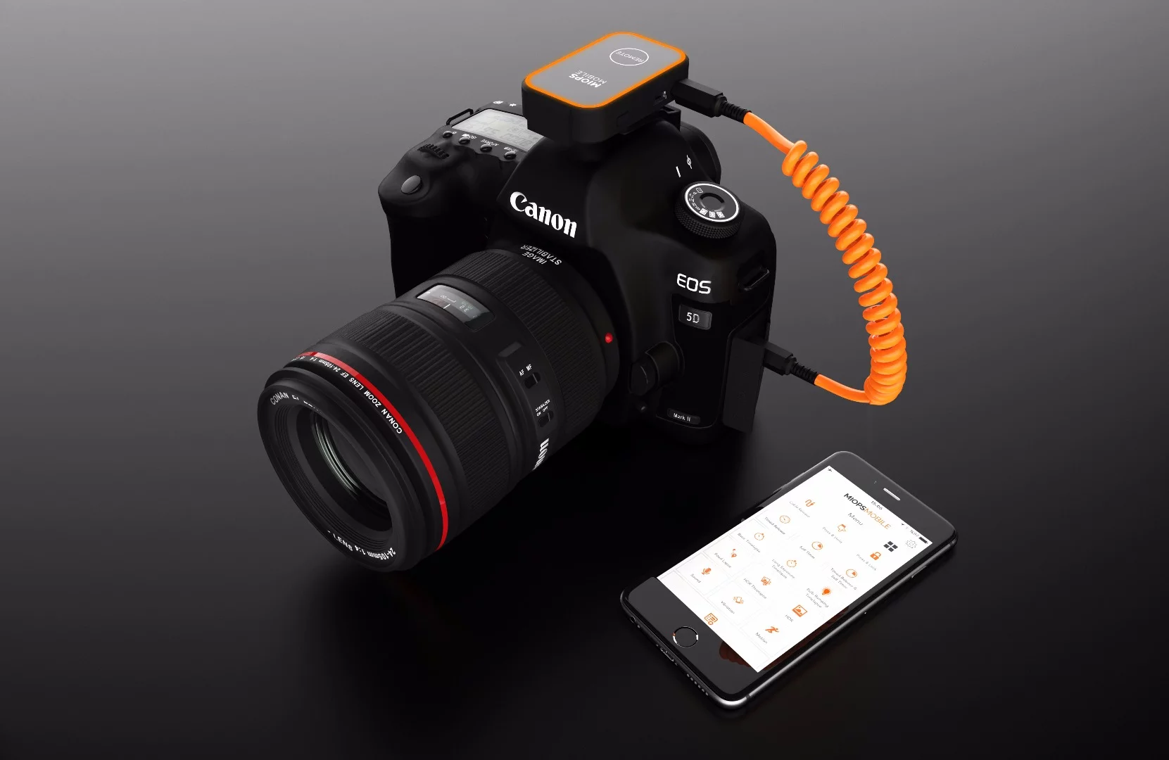 The Miops Mobile connects via cable to your camera, and via Bluetooth to your smartphone