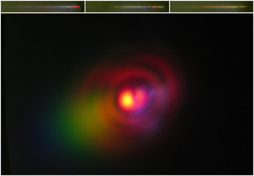 A cross-section of light pulse beam with formed plasma filament – at the top is the appearance of several laser pulses passing through a cloud of condensed water vapor (Photo: IPC PAS)