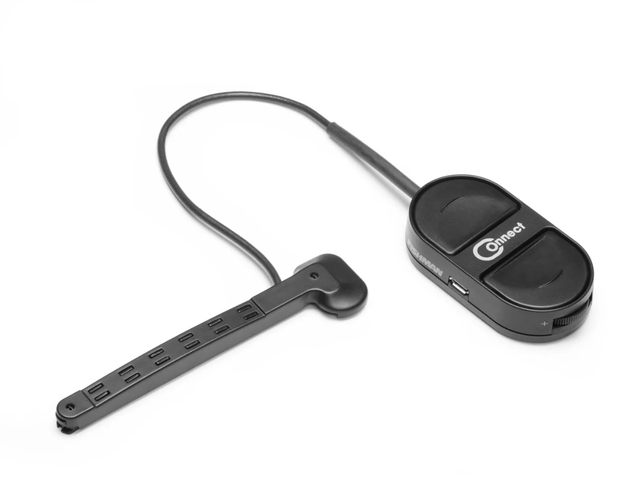 The TriplePlay Connect is a box of electronics that's mounted to a bracket at the host guitar's strap peg, and has a cable growing out of the top which leads to a hexaphonic pickup