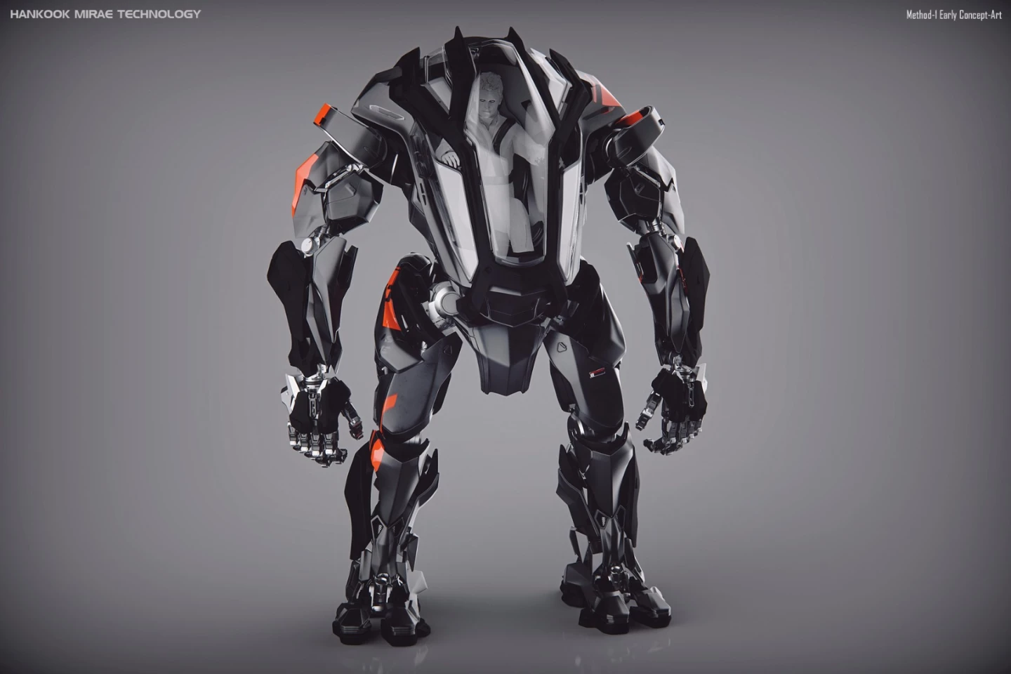 Early concept art for the Method-1 robot: wider-set hips create too much sway motion when the mech is walking - the pilot would get seasick