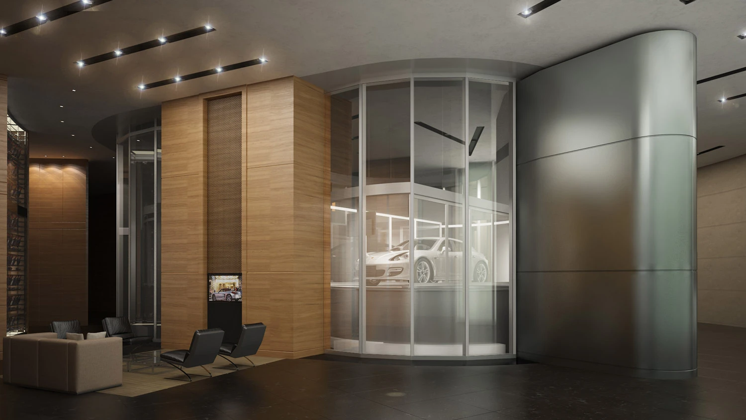 The car elevator takes between 45 and 90 seconds to reach the apartments (Image: Porsche Design)