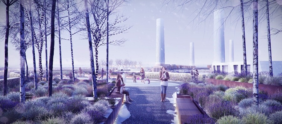 A depiction of Battersea Roof Gardens in winter