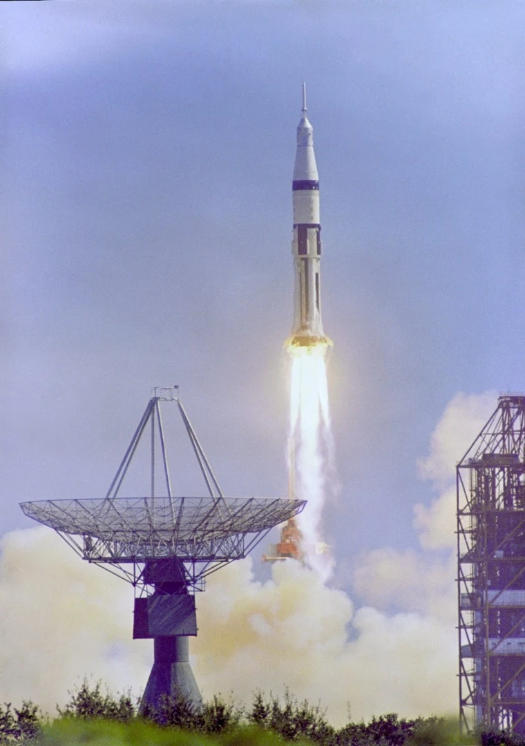 The Apollo 7 Saturn IB space vehicle is launched from the Kennedy Space Center's Launch Complex 34 at 11:03 a.m. October 11, 1968