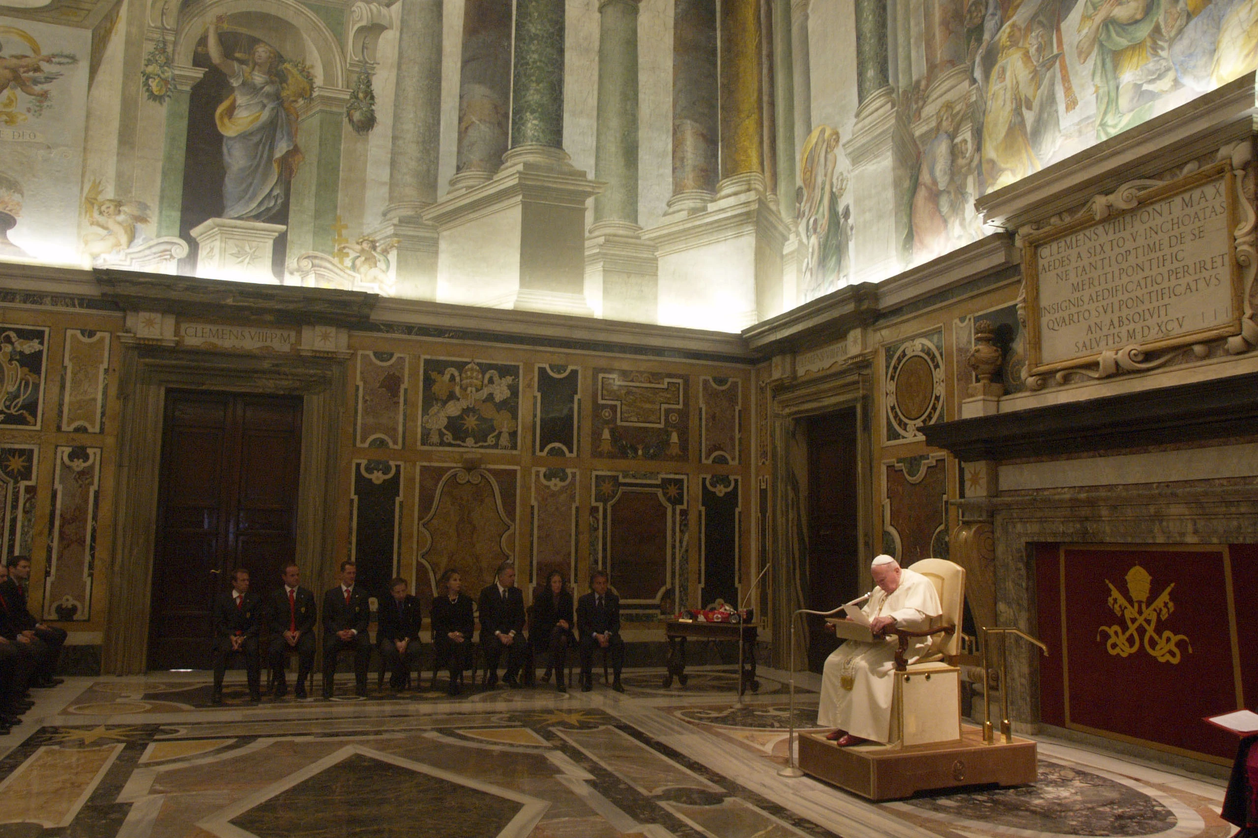 Pope John Paul II meets with a Ferrari delegation in the Vatican’s Palazzo Apostolico on 17 January 2005. Ferrari President Montezemolo was in attendance along with Piero Ferrari , Jean Todt, Michael Schumacher, Rubens Barrichello, Luca Badoer and 90 other Ferrari employees.