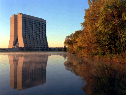 Wilson Hall viewed at dusk from the reflecting pond (Photo: Fermilab)