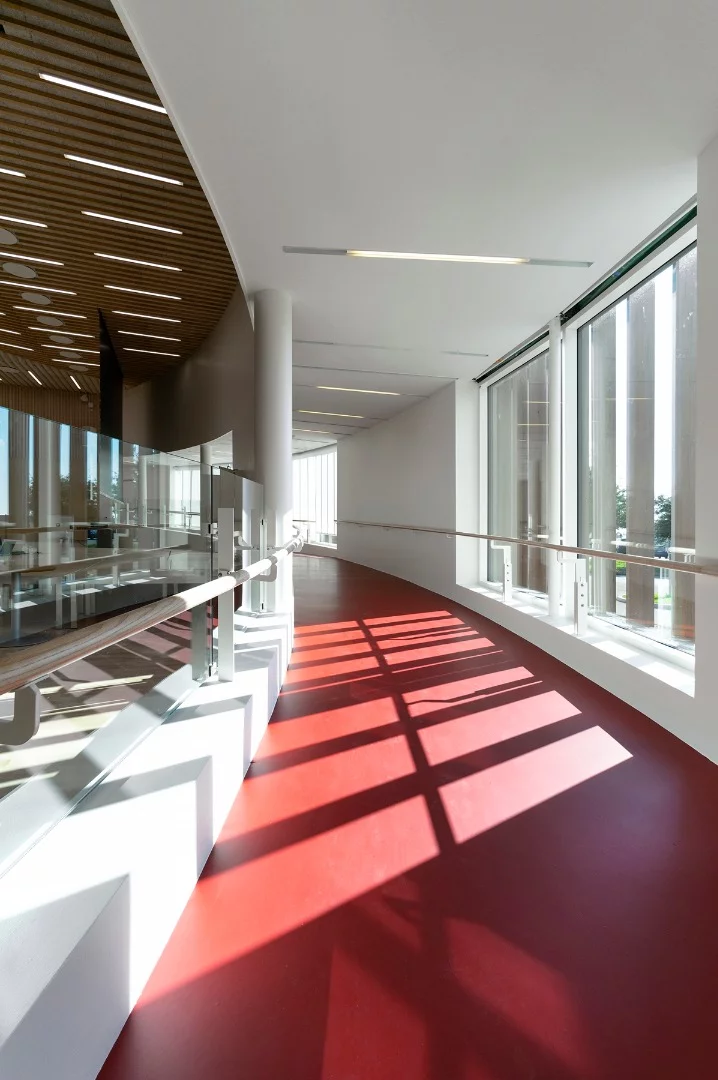 The long ramp and staircases are designed for use as training facilities, as well as means of moving around the building