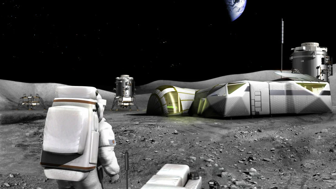 Artist's concept of a future inflatable habitat and landers