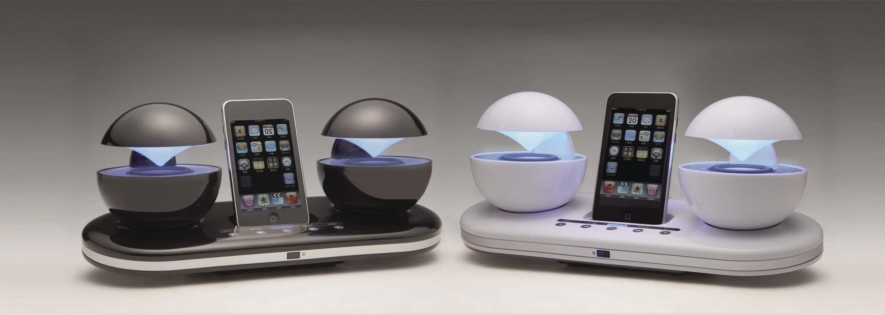 The iCrystal iPod docking station features illuminated spheres and portable functionality