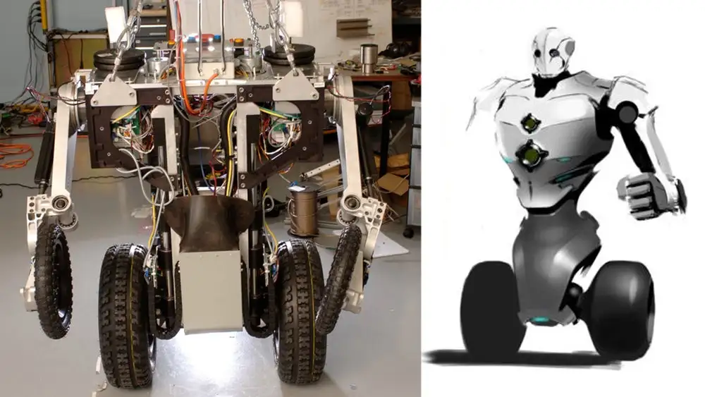 An early prototype on the left and an artist impression of the final "PatrolBot" concept on the right