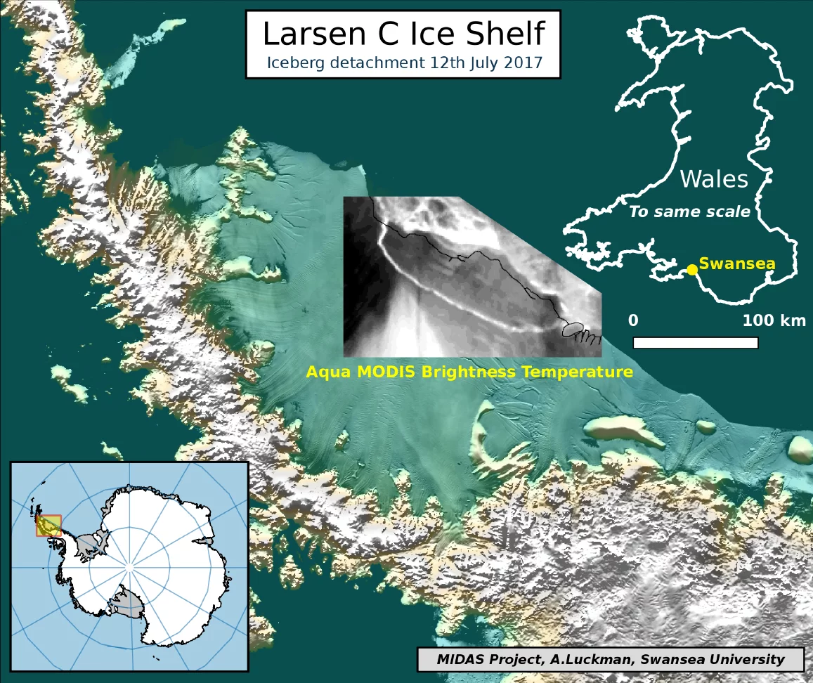 Map showing the detachment of the iceberg, based on data from NASA’s Aqua Modis satellite