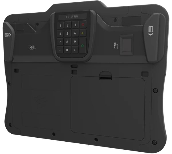 An mPOS module connects to the Crossfire Pro via the expansion bay and features such things as a 2D Bar Code scanner, a magnetic swipe card reader, and a Chip&Pin reader