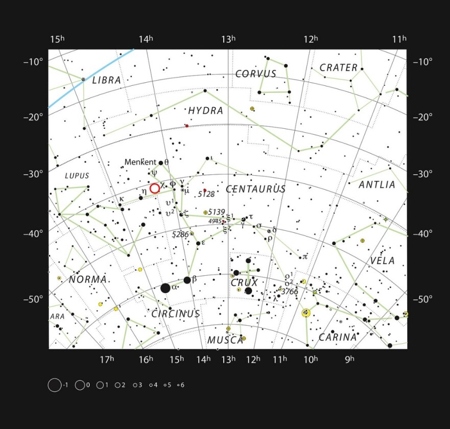 The location of PDS 70 (marked with a red circle) in the constellation of Centaurus