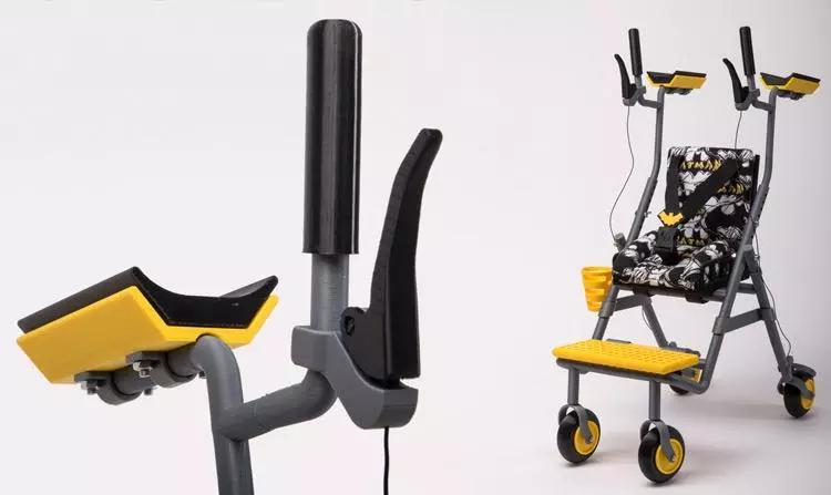 The frame of the multifunctional walker was printed using Silver ABS, while components like the arm rest and brake lever were printed using yellow or black PLA