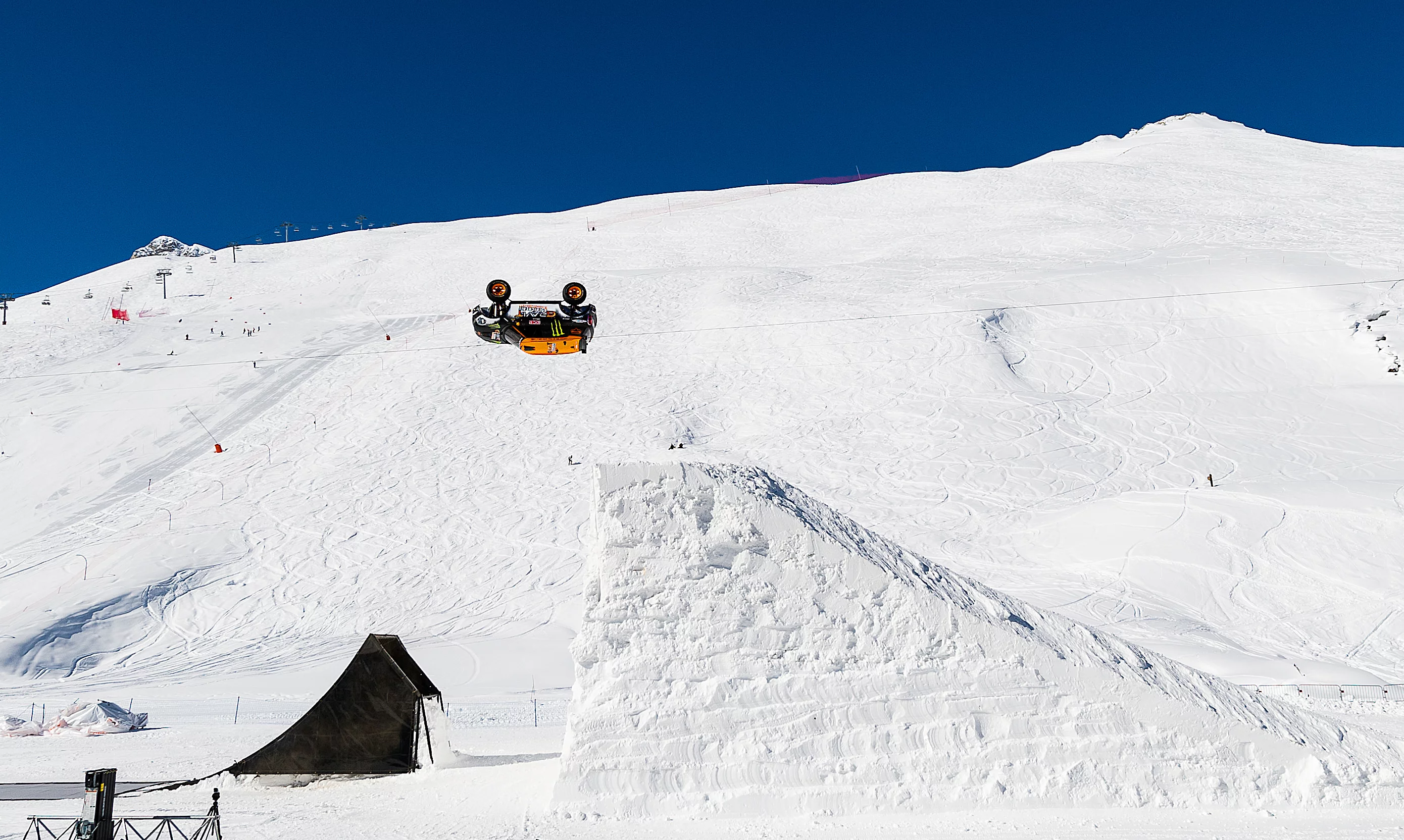 Guerlain Chicherit has nailed a perfect landing after a backflip in a Mini