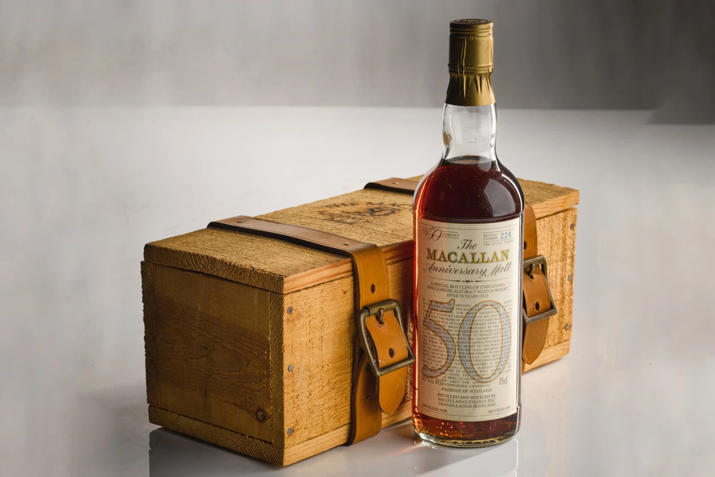 Macallan 50-year-old Anniversary Malt set a world price record of £1,265 (US$1,900) at a Christie's auction in Glasgow on June 17, 1986. A third of a century later, the whisky has too many bottles out there to command million dollar prices, but it is still one of the legendary whiskies of history.