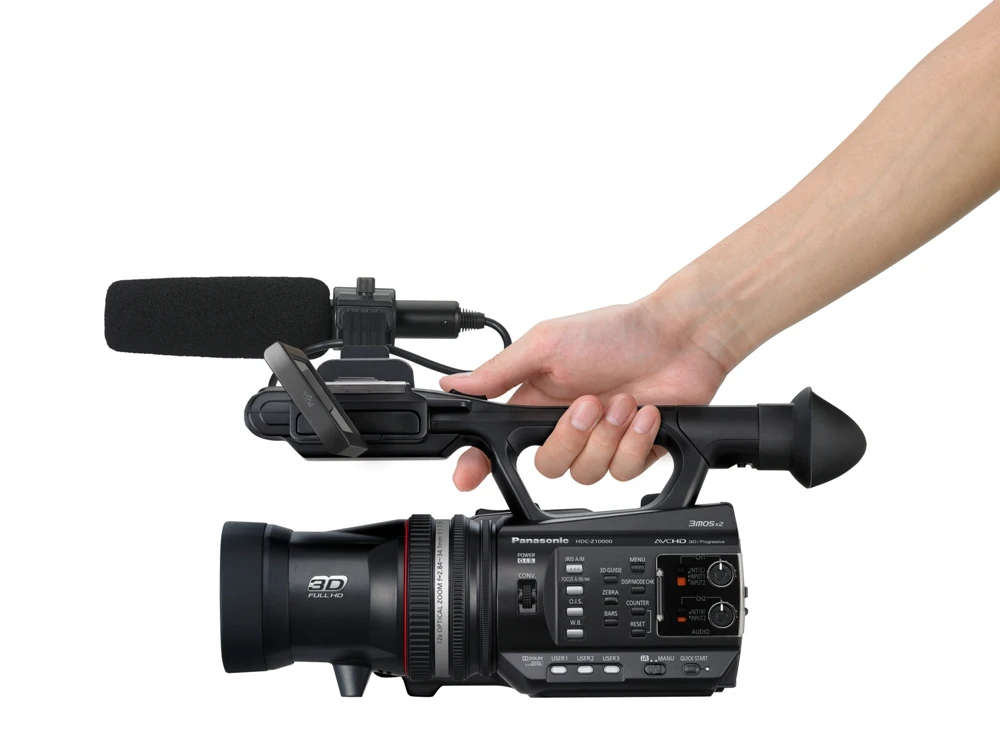 The camcorder's audio track can be recorded via the built-in, 2-channel, stereo microphones or via two XLR audio inputs for external microphones