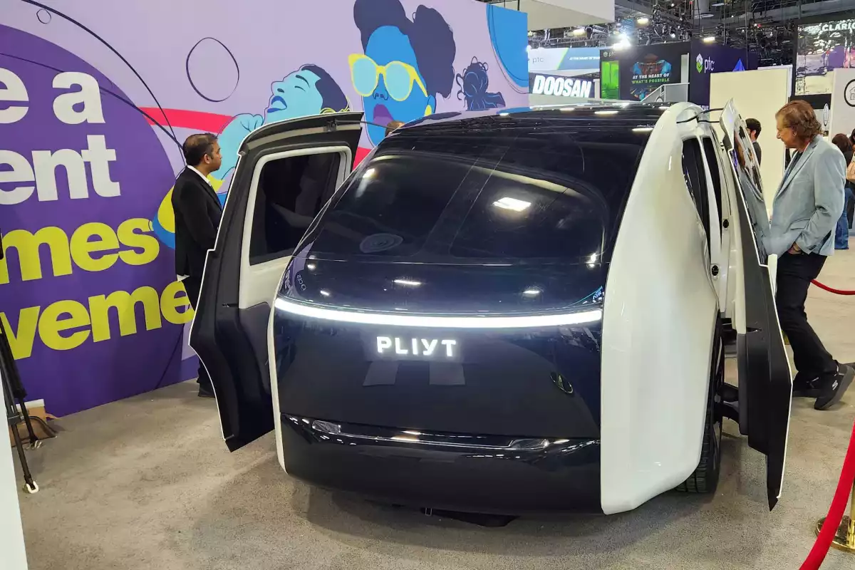 The Pliyt autonomous rideshare vehicle on display at CES 2026 in Las Vegas recently