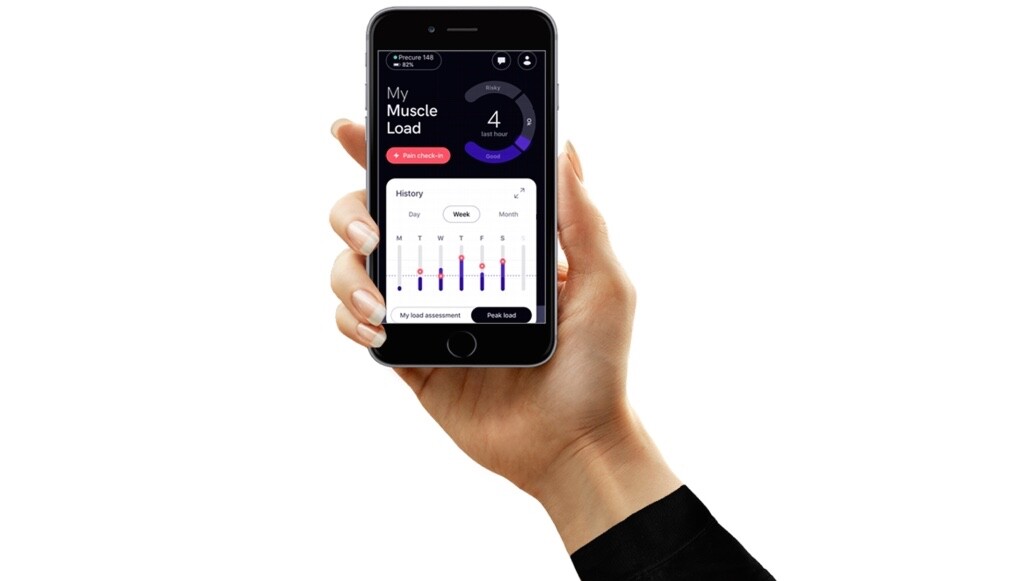 MLI Elbow data is transmitted by Bluetooth to an iOS/Android app on the user's smartphone, which in turn sends it to a cloud-based server for analysis